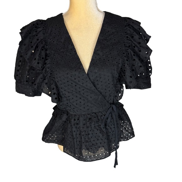 J. Crew Eyelet Ruffle Wrap Top Black Short Sleeve Blouse Size Medium - Picture 1 of 9